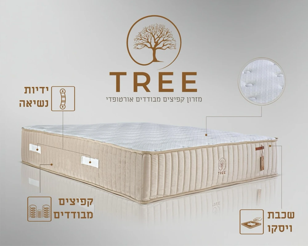 מזרן איכותי חדש דגם TREE הכולת מס שכבות שכוללות קפיצים מבודדים ושכבת ויסקו