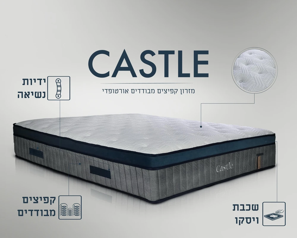 מזרן פרימיום י דגם CASTLE קפיצים מבודדים בונל אורטופדי בעל 7 שכבות כולל ויסקו ולטקס עם ידיות נשיאה