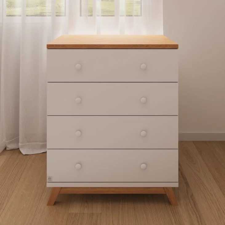 שידה דוראל טריקה שקטה לבן שילוב עץ בוק השידת תינוק ברוחב 80 ס״מ עומק 60 ס";מ בעיצוב נקי ומודרני.