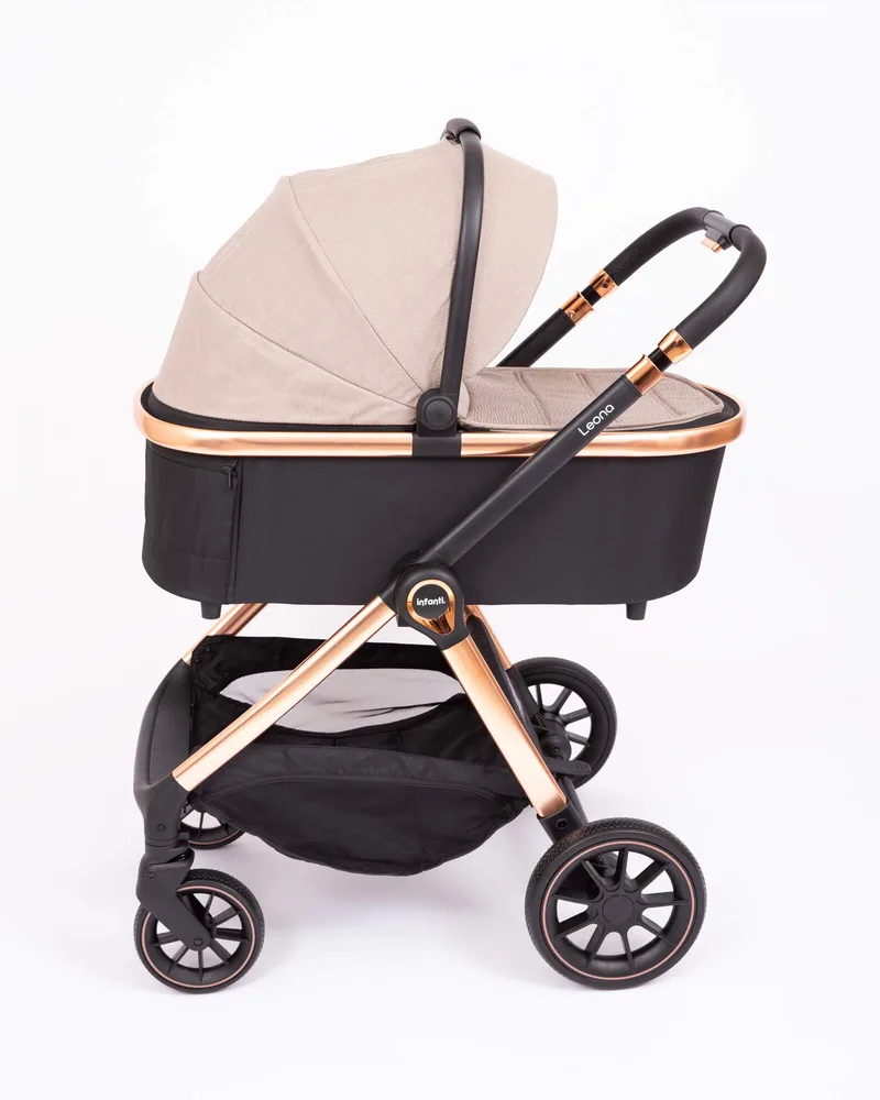 Infanti אינפנטי עגלת תינוק משולבת כולל אמבטיה וטיולון דגם Leona ליאונה צבע העגלה רוזגולד-שמנת כולל עריסה