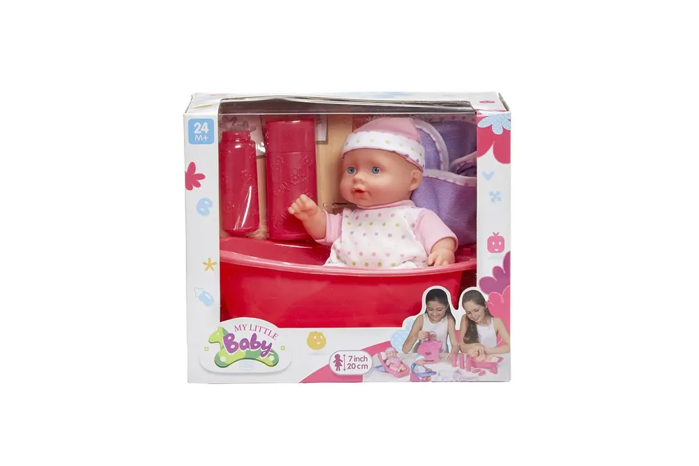 בובת תינוק באמבטיה בובת תינוק 20 ס”מ + אמבטיה ואביזרים הבובה מגיעה עם אמבטיה לתינוק, מגבת ושני בקבוקוני סבון רחצה