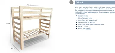 מיטת קומותיים מעץ אורן חזק ואיכותי תוצרת פולין מעקה בטיחות וסולם מובנים